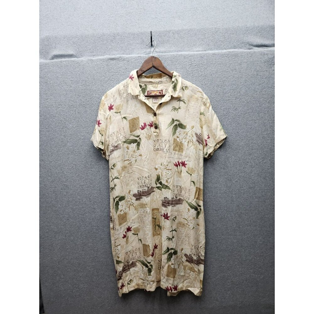 Caribbean Joe XL Beige Floral Print Short-Sleeve Button-Up Shirt Dress